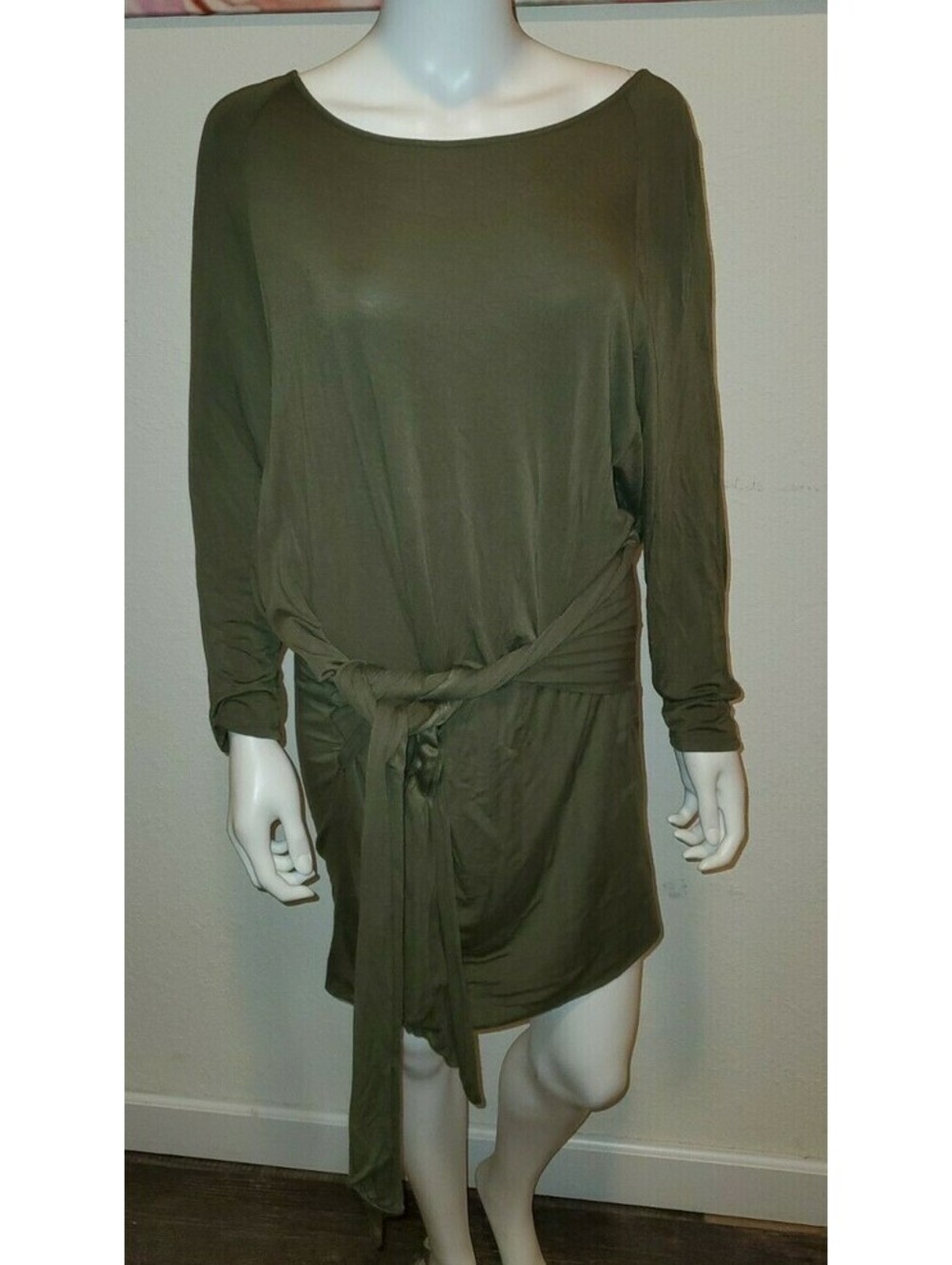 VENUS OLIVE GREEN BLOUSON LS SHORT DRESS KNOTTED BELT LARGE